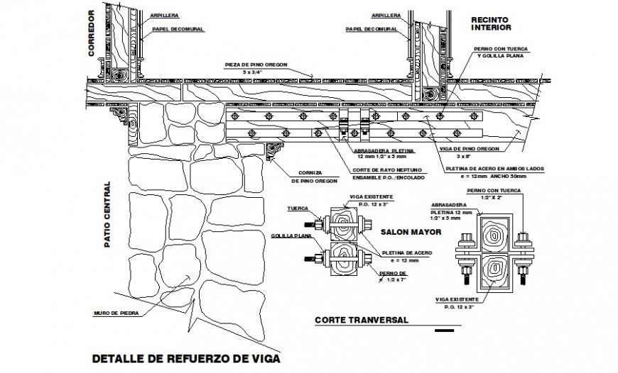 Wooden entrance over stone wall constructive structure details dwg file
