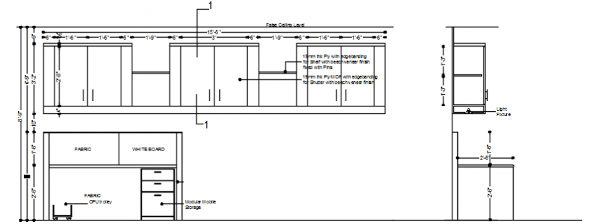 Wooden fabric cupboard elevation and section drawing details dwg file