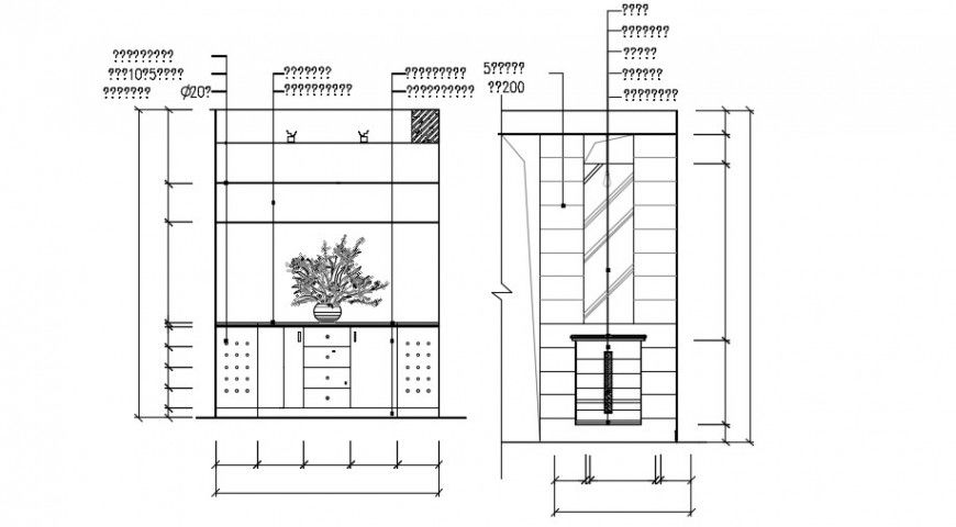 Wooden front cabinet elevation details for drawing room dwg file