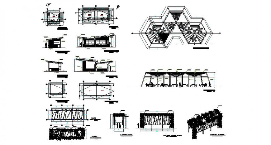 Wooden kiosk in garden elevation, section and plan cad drawing details dwg file