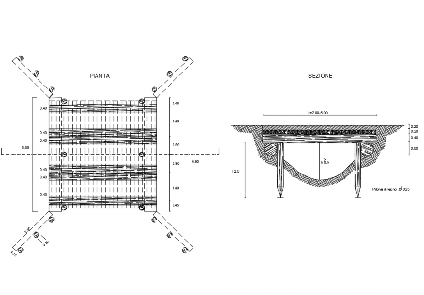 Wooden logs bridge section and cad structure details dwg file