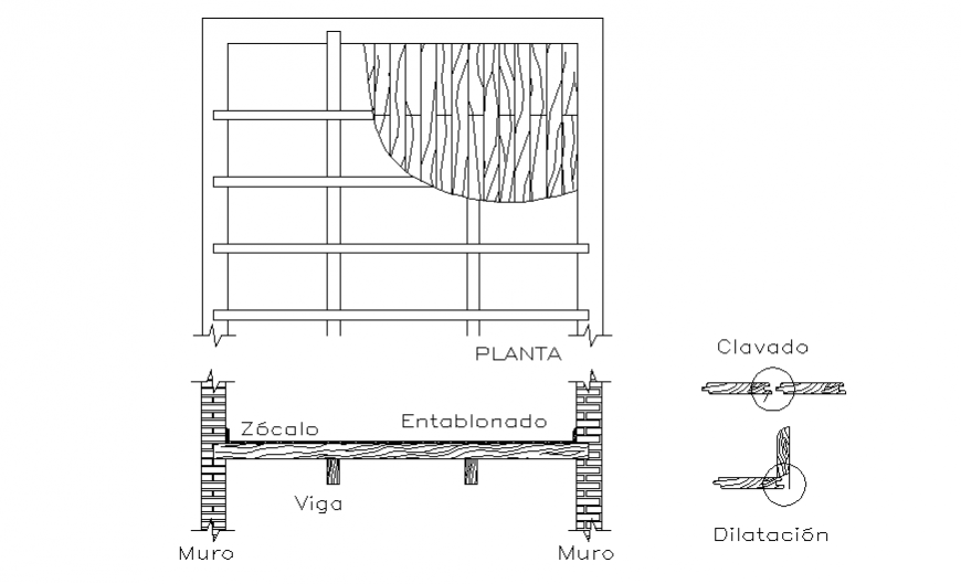Wooden mezzanine floor detail drawing in dwg file.