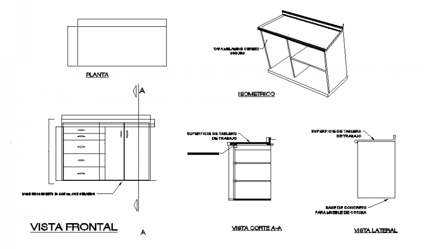 Wooden office cabinet elevation, section and plan details dwg file