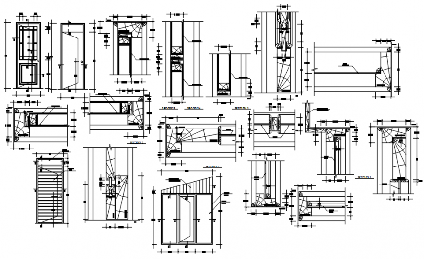 Wooden opening multiple doors elevations and installation drawing details dwg file