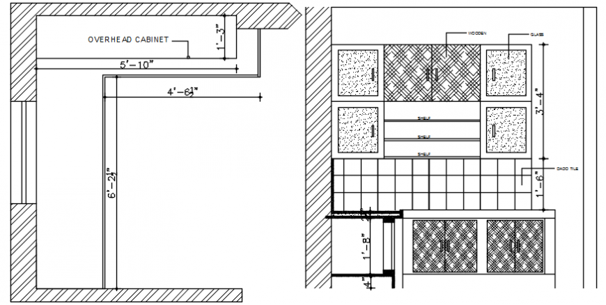 Wooden over head cabinet main elevation and plan drawing details dwg file