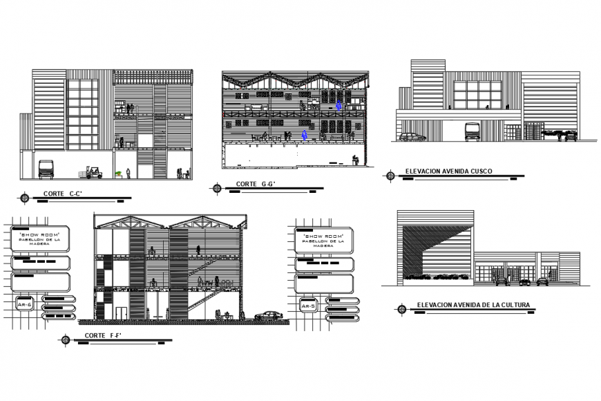 Wooden pavilion showroom elevation, section, floor plan and auto-cad details dwg file