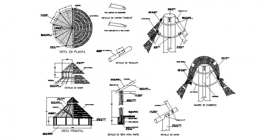 Wooden pergola elevation, section, plan and auto-cad drawing details dwg file