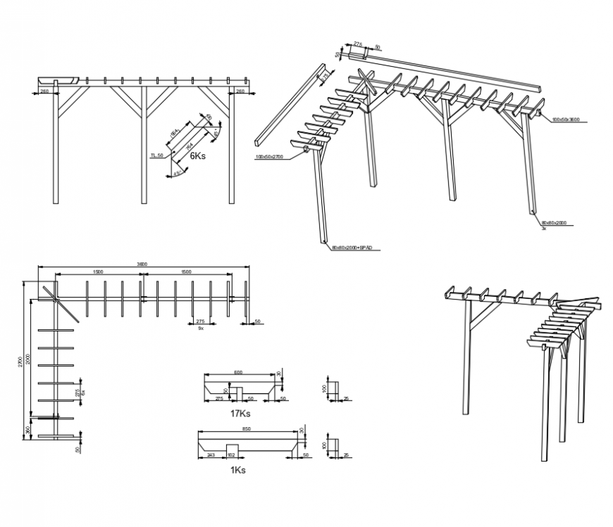 Wooden pergola of garden cad drawing details dwg file