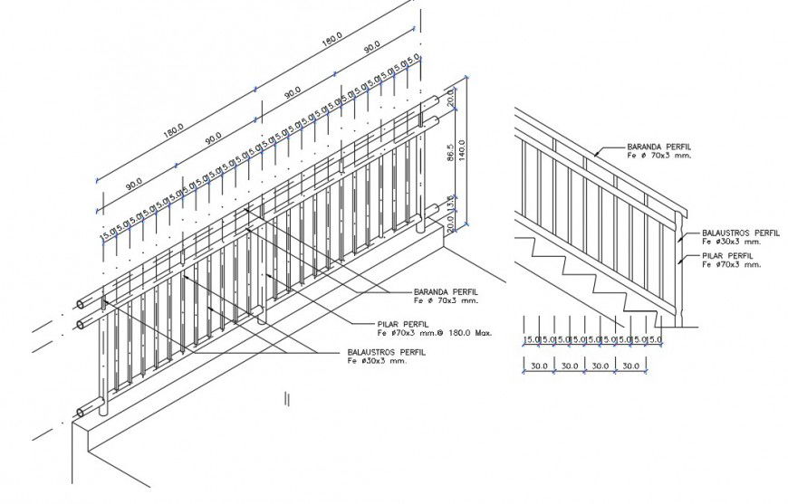Wooden railing section and dimension drawing details dwg file