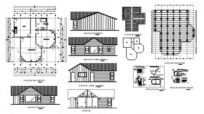 Wooden residential cottage house elevation, section, plan and auto-cad details dwg file