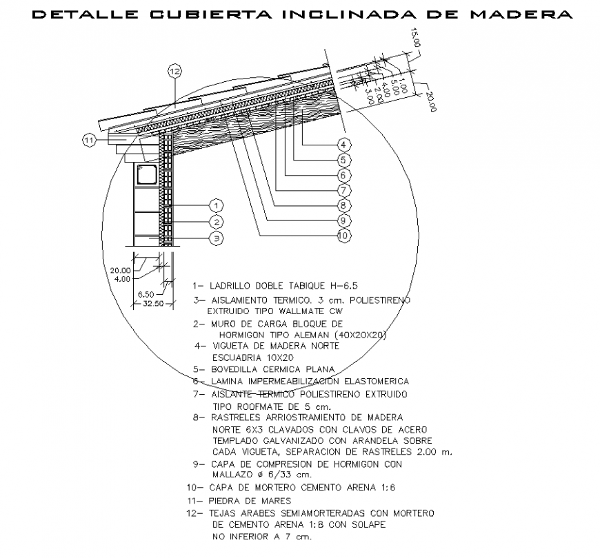 Wooden roof and tiles over wall block detail section 2d view layout file