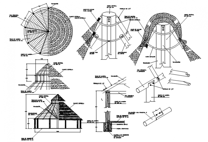 Wooden roof cover, gazebo sections, plan and carpentry drawing details dwg file