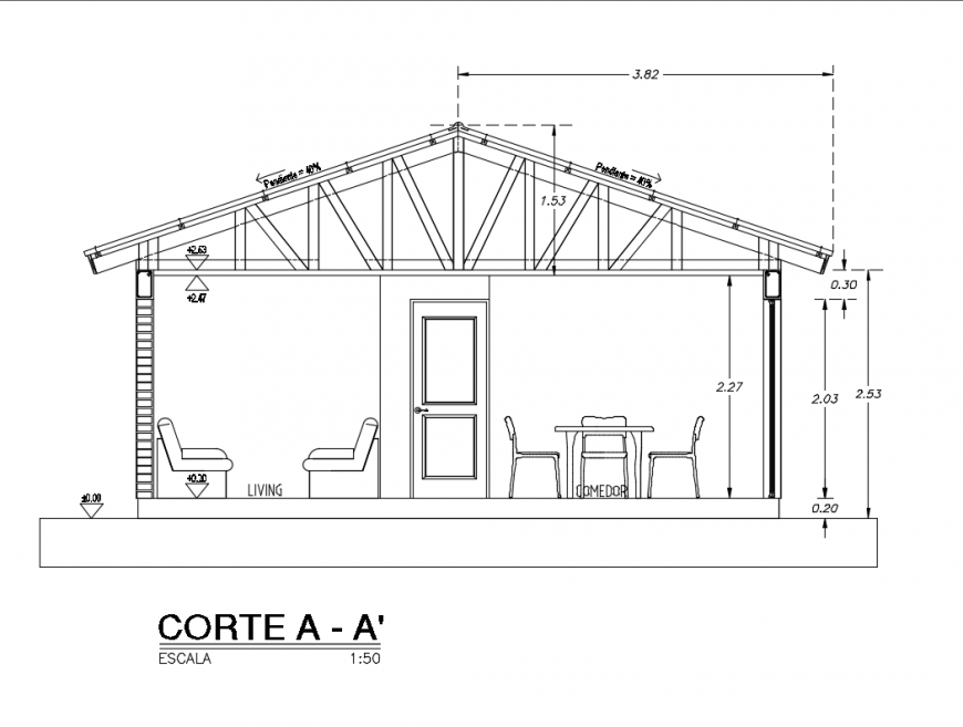 Wooden roof house facade sectional details dwg file