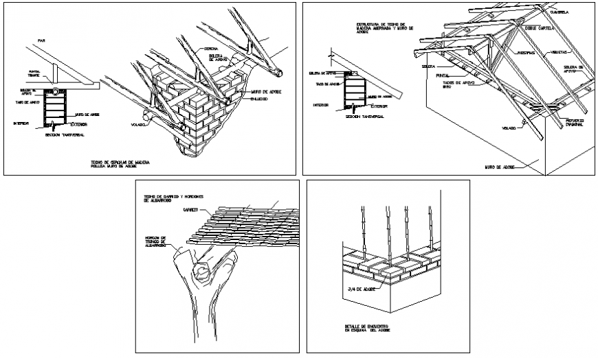 Wooden roof isometric view detail dwg file