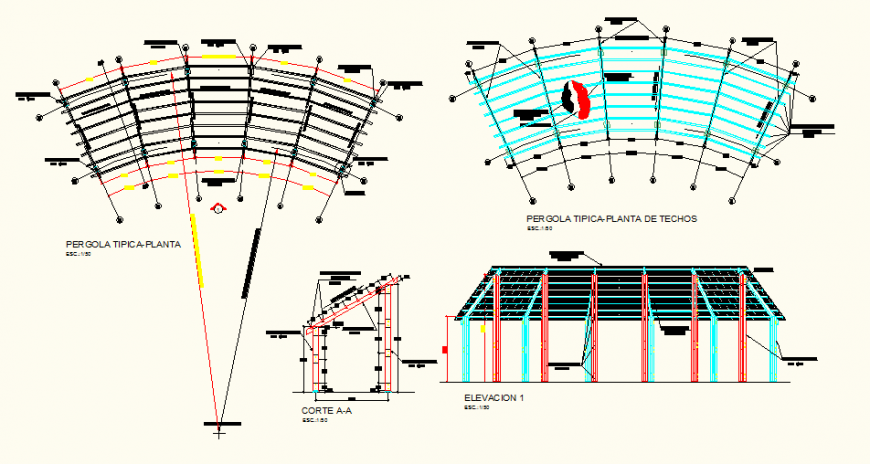Wooden roof structure detail elevation and plan autocad file