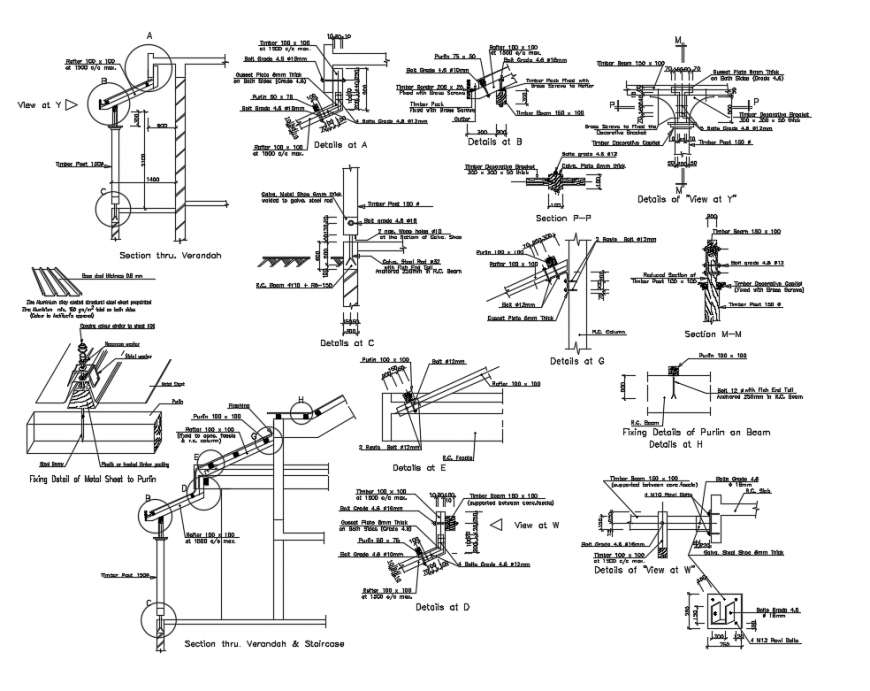 Wooden roof Trush constructive sectional details dwg file