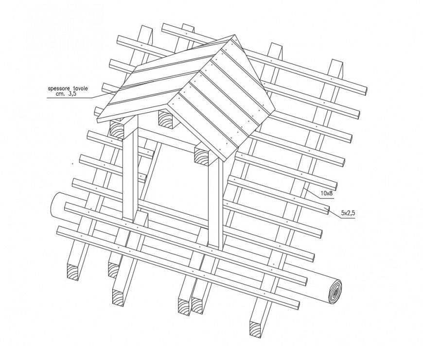 Wooden roof window structure in isometric of auto cad