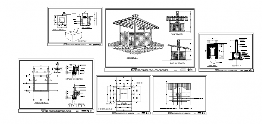 Wooden shelter elevation, section, proposed construction and chimney details dwg file