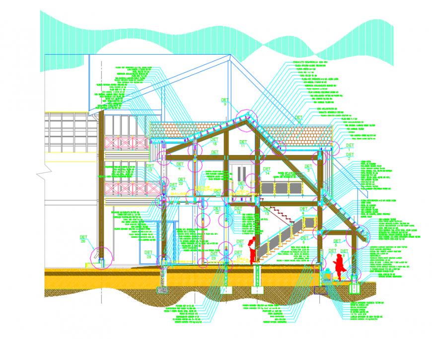 Wooden single family cottage house constructive section facade details dwg file