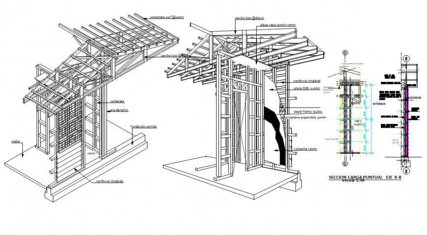 Wooden structured building constructive section and roof details dwg file