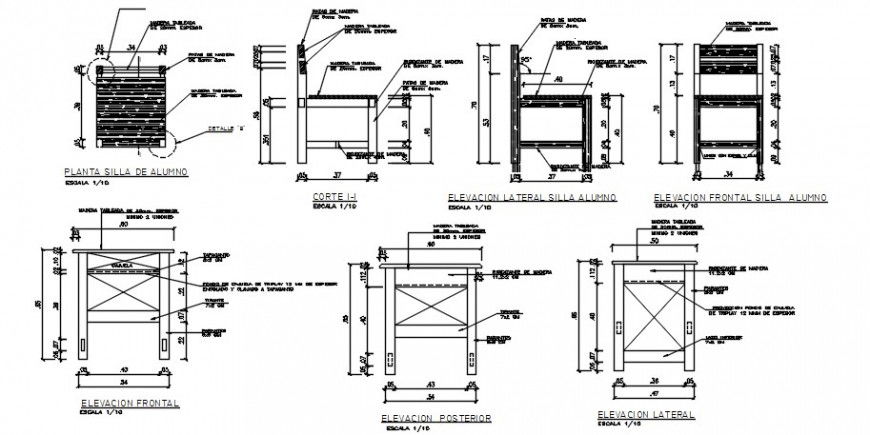 Wooden student chair elevation, section and carpentry details dwg file
