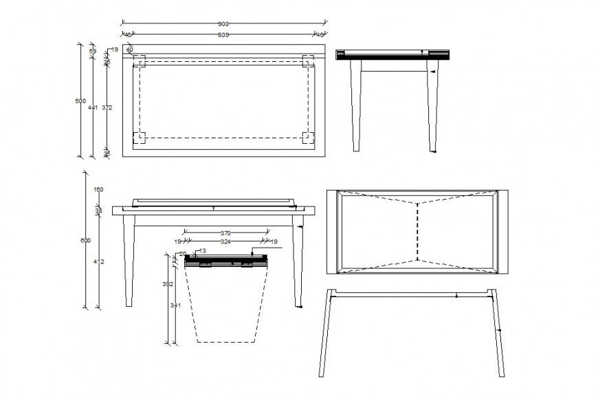 Wooden table all sided elevation block cad drawing details dwg file