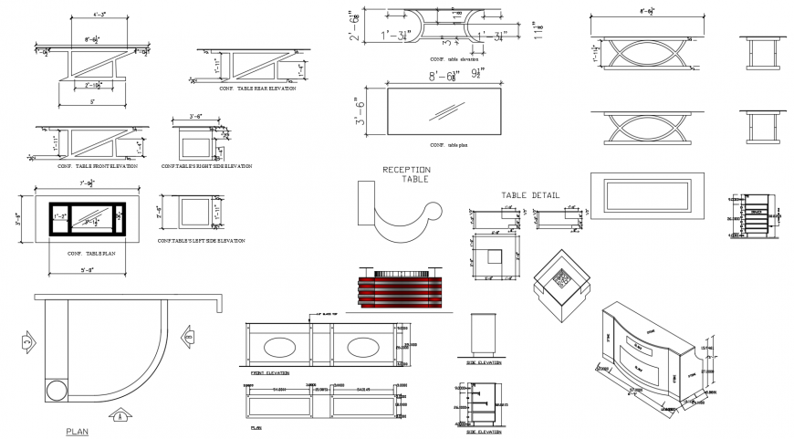 Wooden table and cabinet elevation and section drawing details dwg file