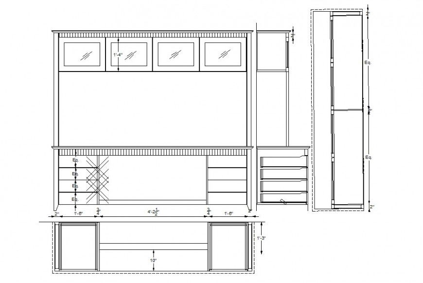 Wooden tv cabinet elevation, section and plan cad drawing details dwg file