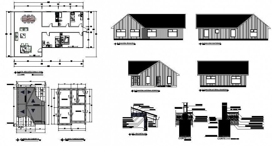 Wooden urban house elevation, section, plan and auto-cad details dwg file