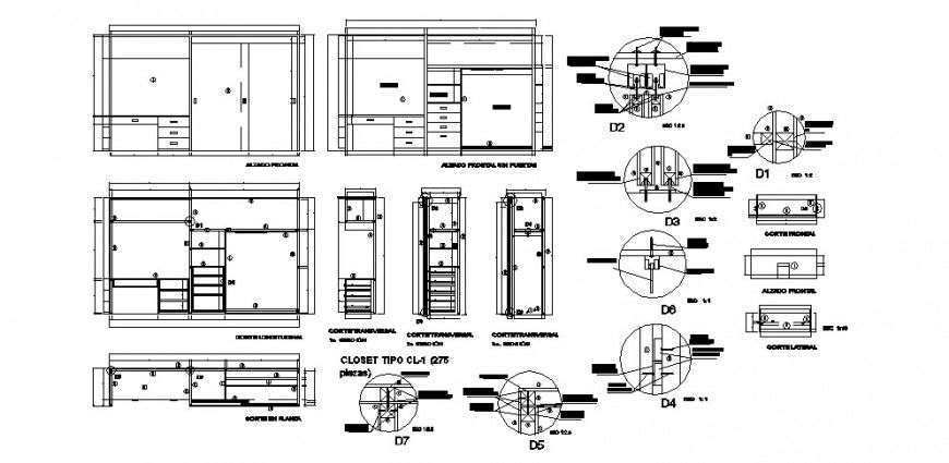 Wooden wardrobe elevation, section, plan and carpentry cad drawing details dwg file