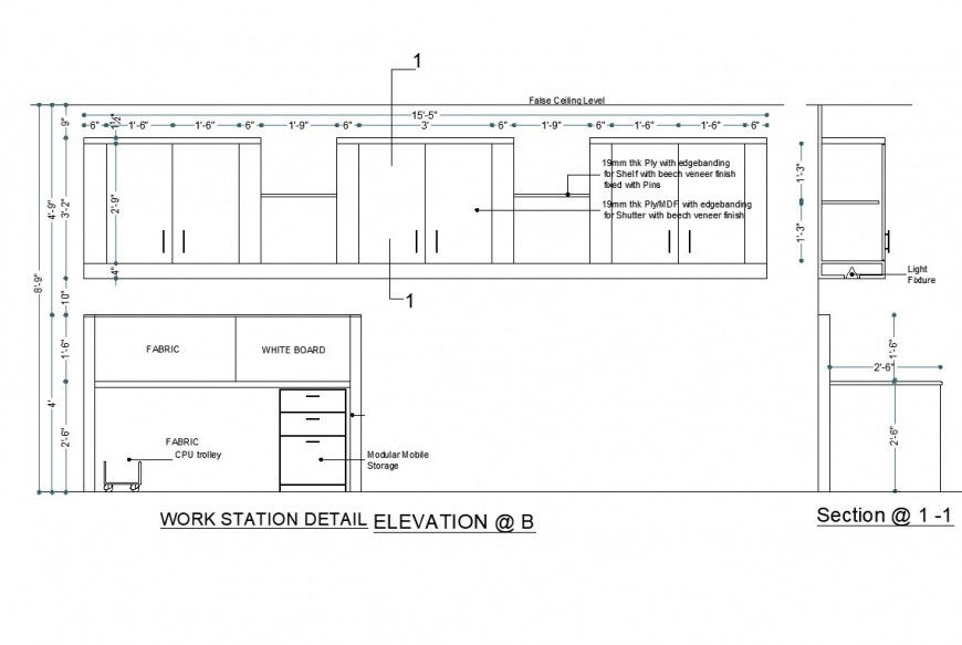 Work station elevation and section detail dwg file