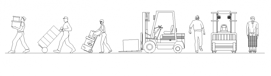 Workers carrying detail elevation 2d view layout dwg file