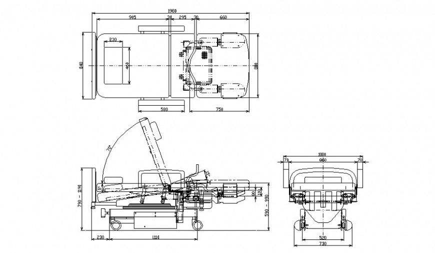 Working bed plan, elevation and section detail dwg file