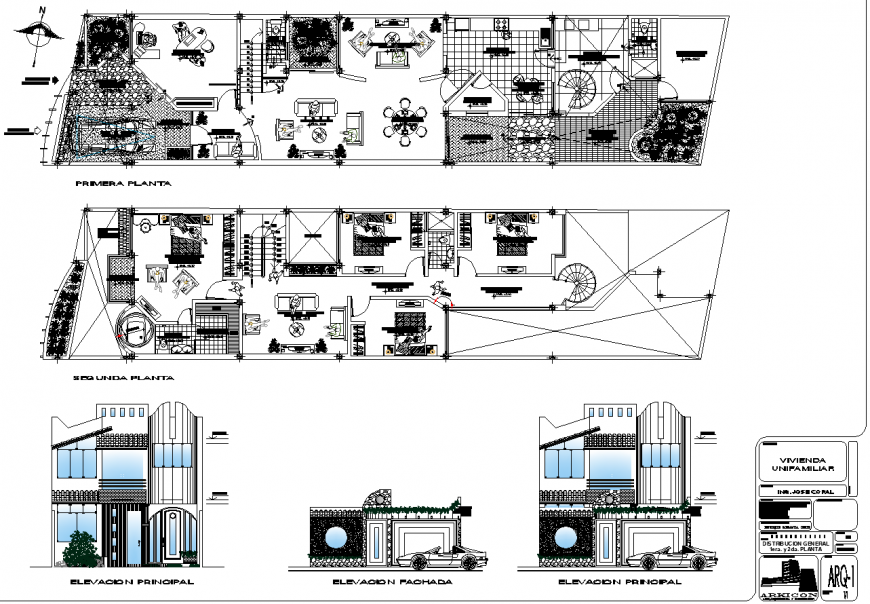 Working drawing of bungalow built in rectangle plot in dwg file.