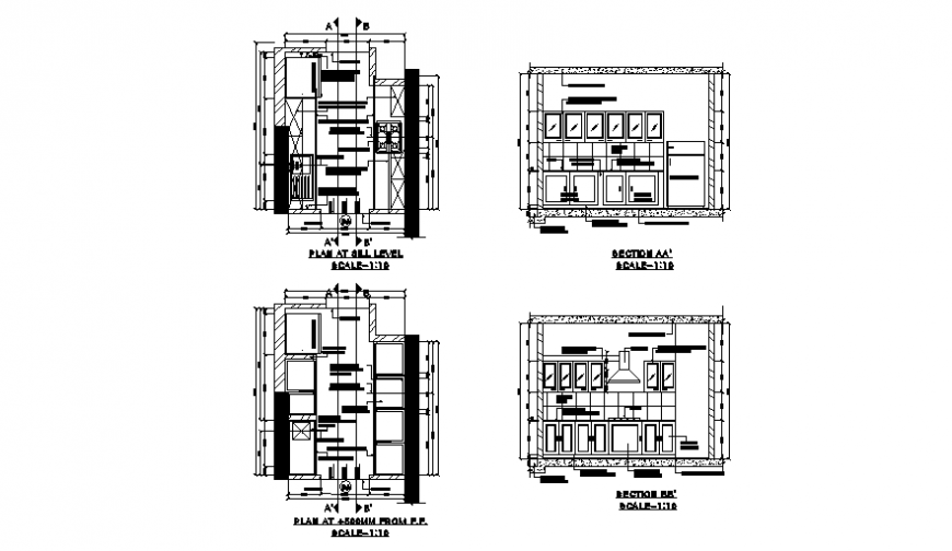 Working drawing of kitchen in dwg file.