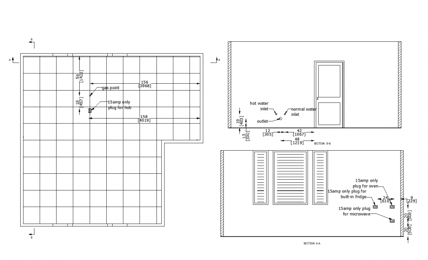Working drawing plan and sectional detail of house dwg file
