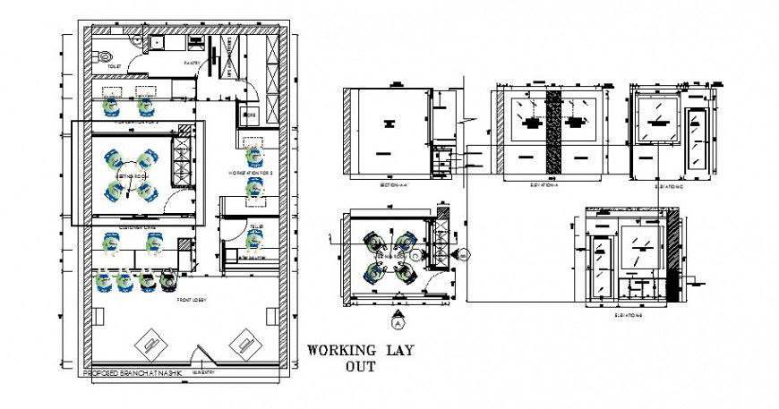 Working layout plan with furniture of nasik bank branch dwg file