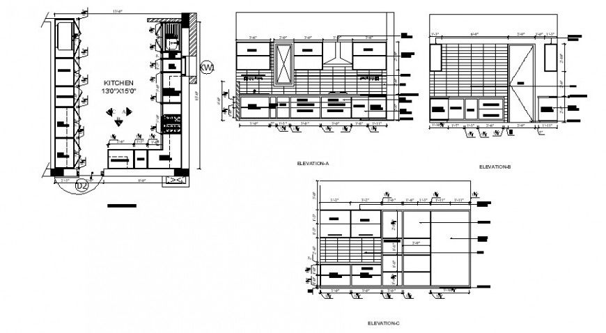 Working plan and elevation of kitchen area 2d view autocad file