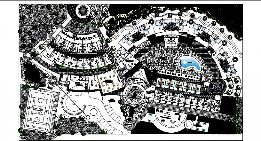 Working plan of resort building 2d view layout file in dwg format