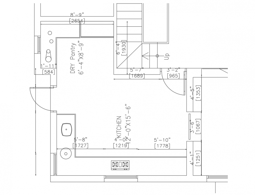 Working unit plan of kitchen area with appliances detail autocad file