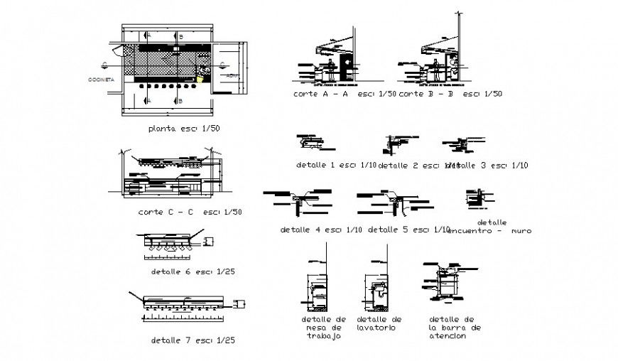 Workstation detail plan and sectional drawing in autocad