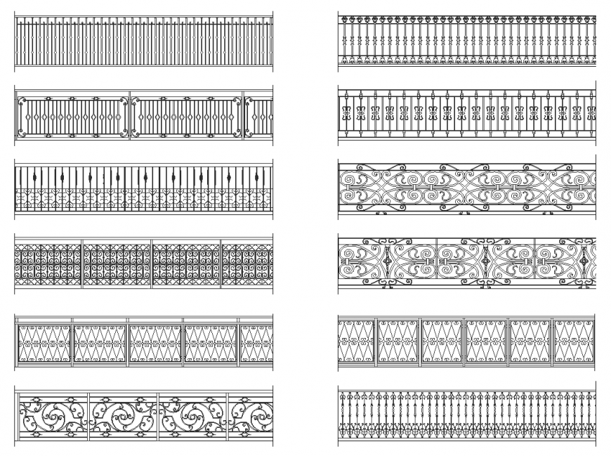 Wrought iron railing detail elevation 2d view layout dwg file