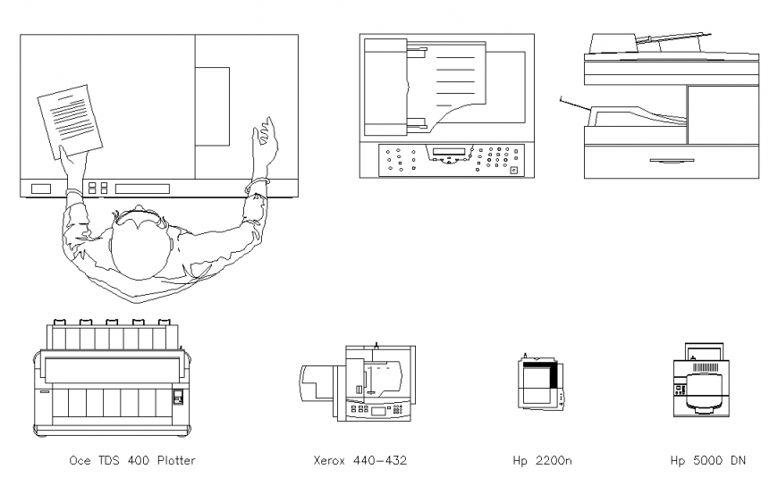 Xerox machine and store detail elevation 2d view layout file