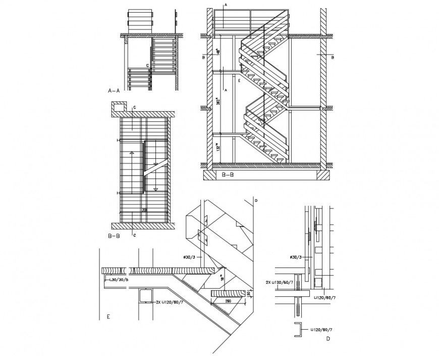 Zig-zag staircases section and constructive structure details dwg file