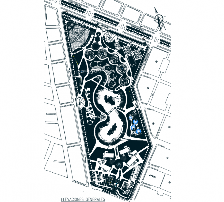 Zonal re-creation park layout plan and landscaping structure details dwg file