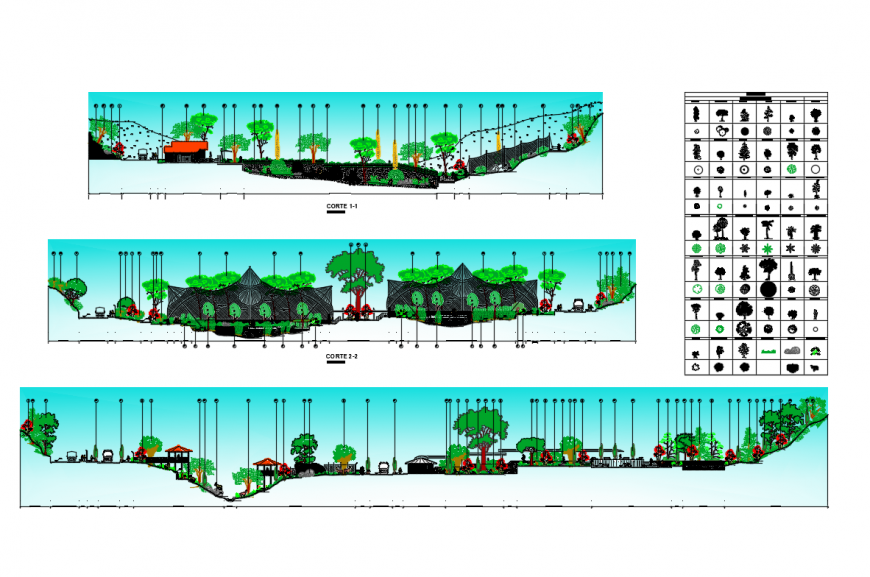 Zoo general section and tree plants legends details dwg file
