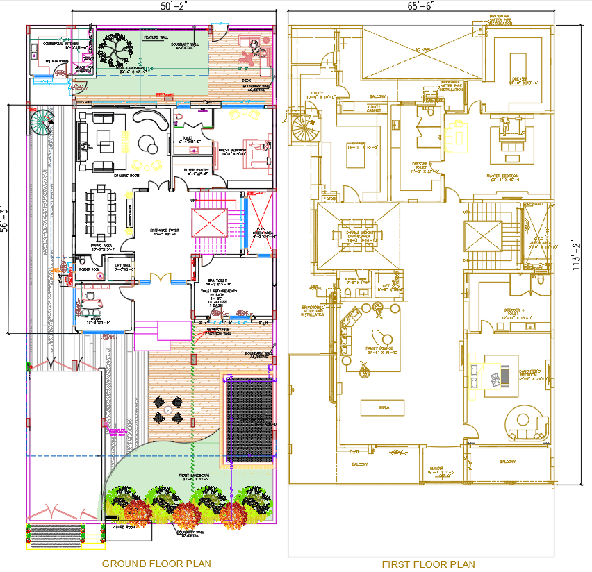 11365?Ft² Ground and First Floor House Plan in DWG Format