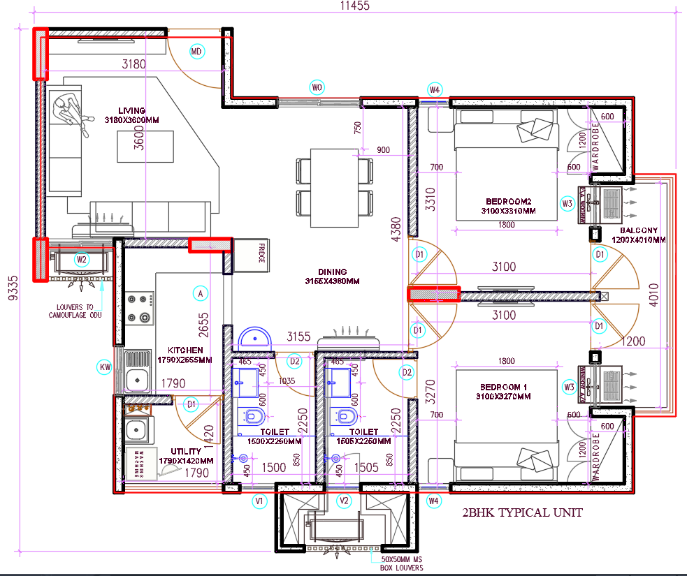 2BHK AutoCAD DWG Floor Plan Typical Unit Design