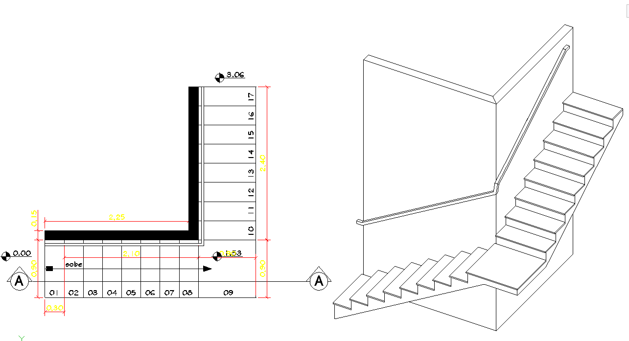 L Shaped Staircase CAD Drawing 2D and 3D Design