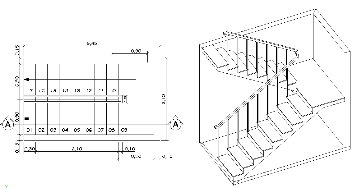 U Shaped Staircase CAD Drawing 2D Plan and 3D View